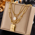 3-Layer Pearl Square Portrait Pendant Necklace — 316L Stainless Steel