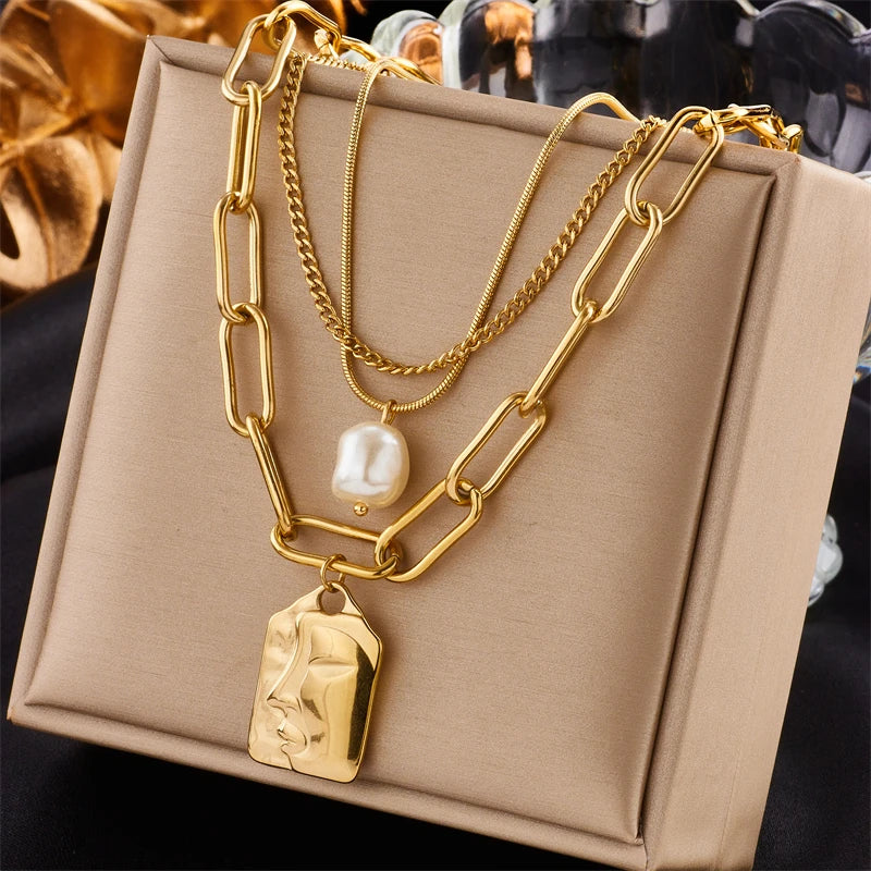 3-Layer Pearl Square Portrait Pendant Necklace — 316L Stainless Steel