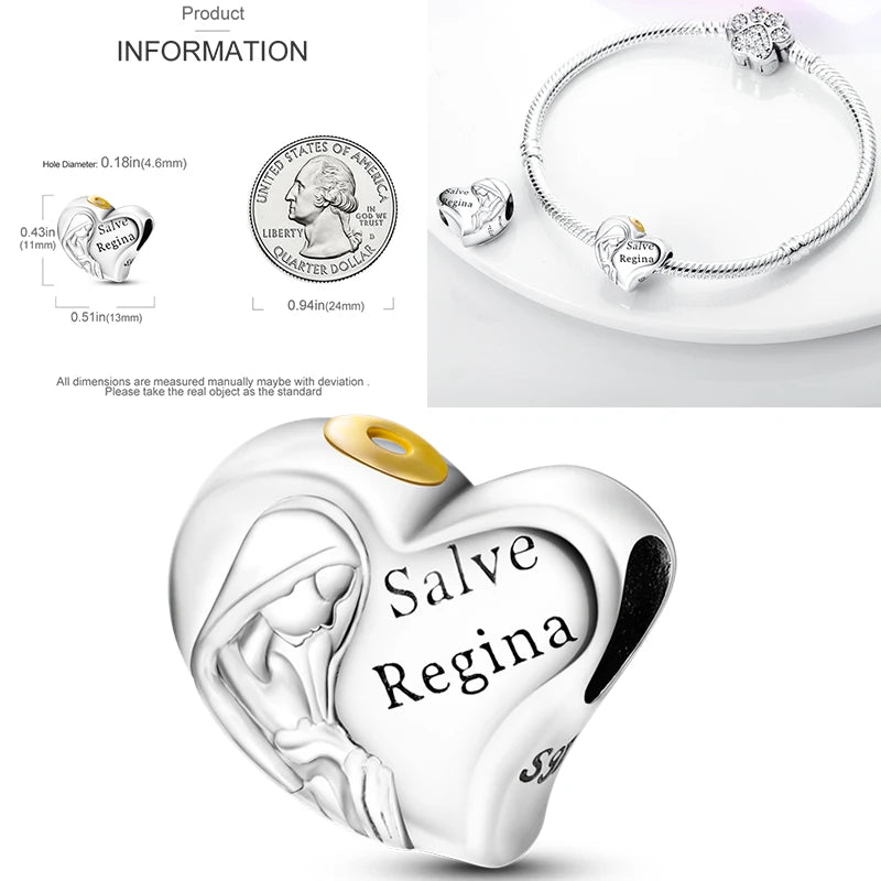 925 sterling silver heart charm bead with “Salve Regina” engraving and praying figure