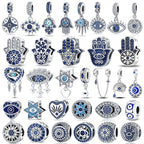 925 sterling silver evil eye and hand charm bead set with blue enamel details