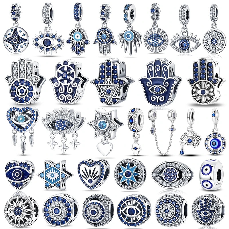 925 sterling silver evil eye and hand charm bead set with blue enamel details