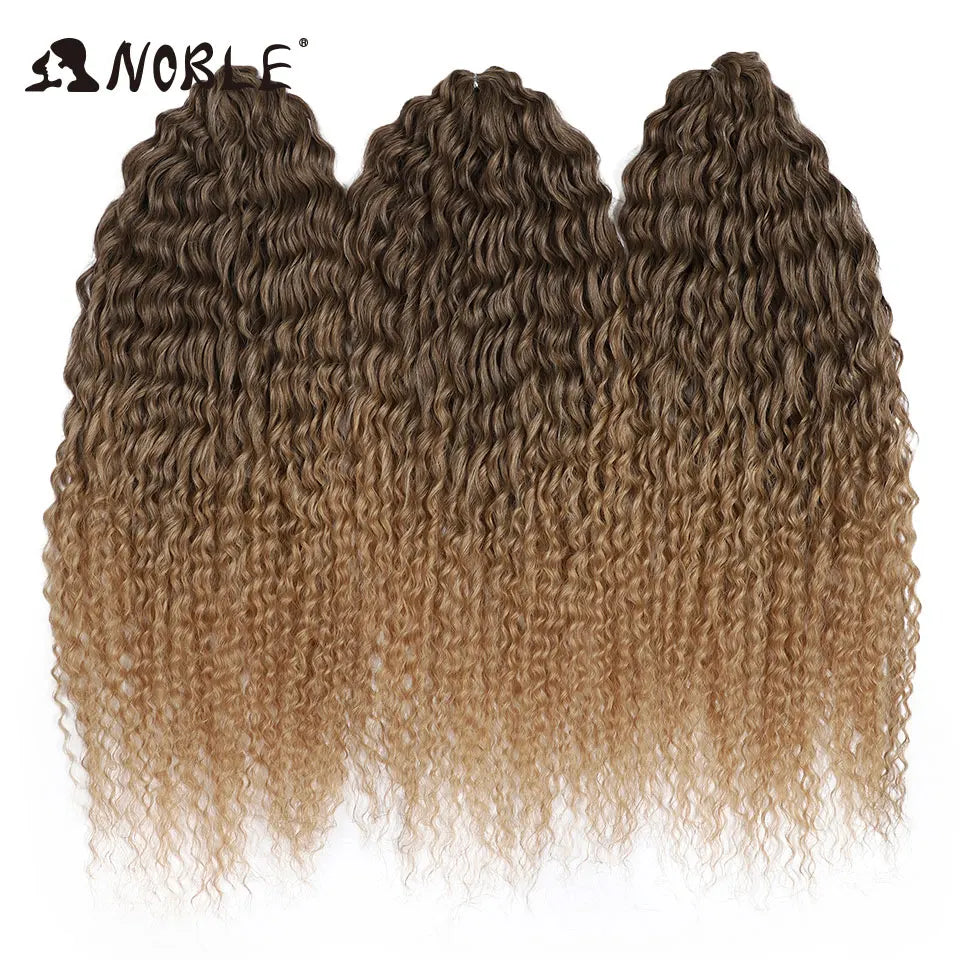 Synthetic crochet braids with water-wave curls, dark brown to light blonde ombre
