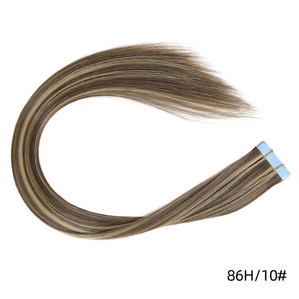 Synthetic straight tape-in hair extension strand with blue tape ends, color 86H/10#