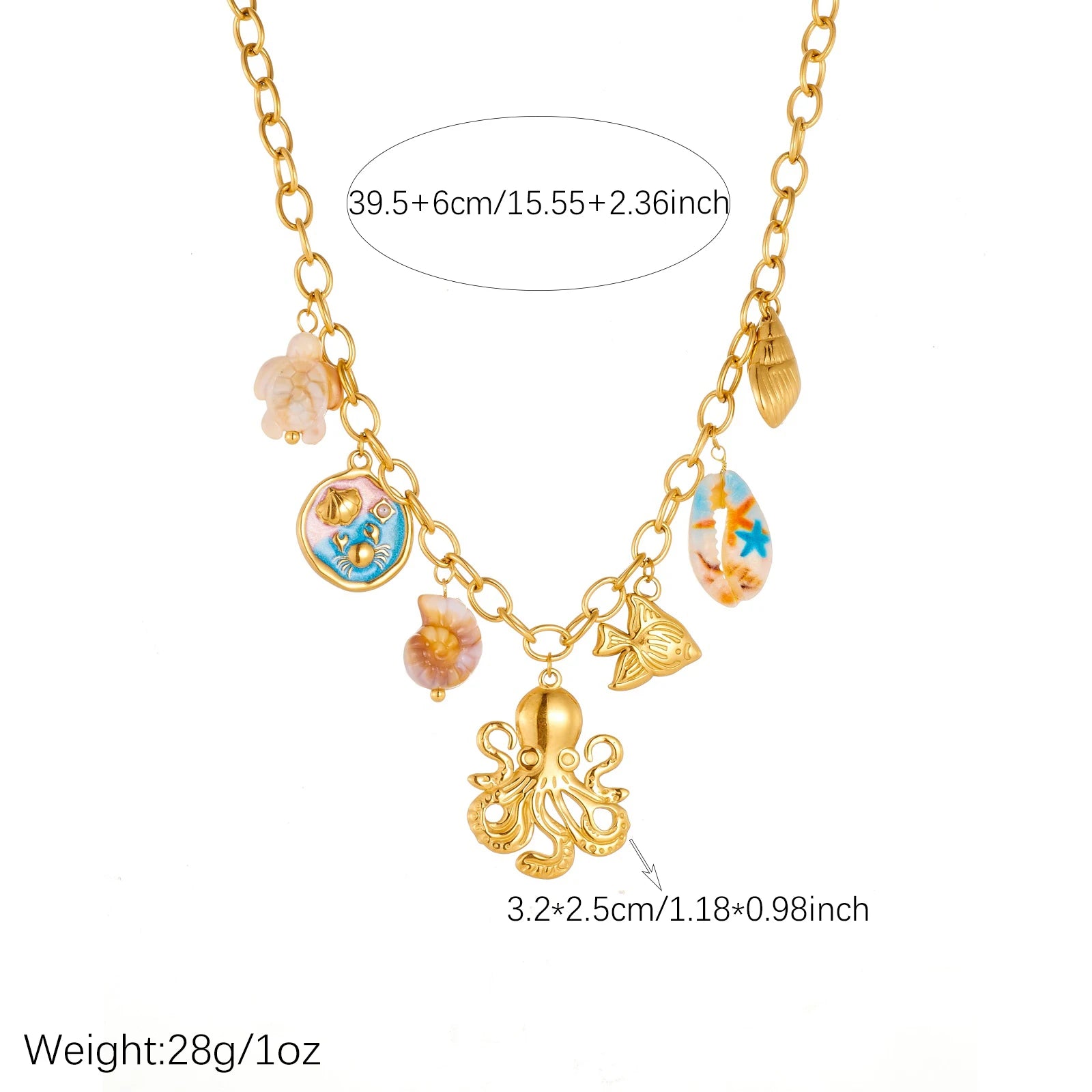 Gold-tone pendant necklace with multiple enamel shell charms and octopus center charm.