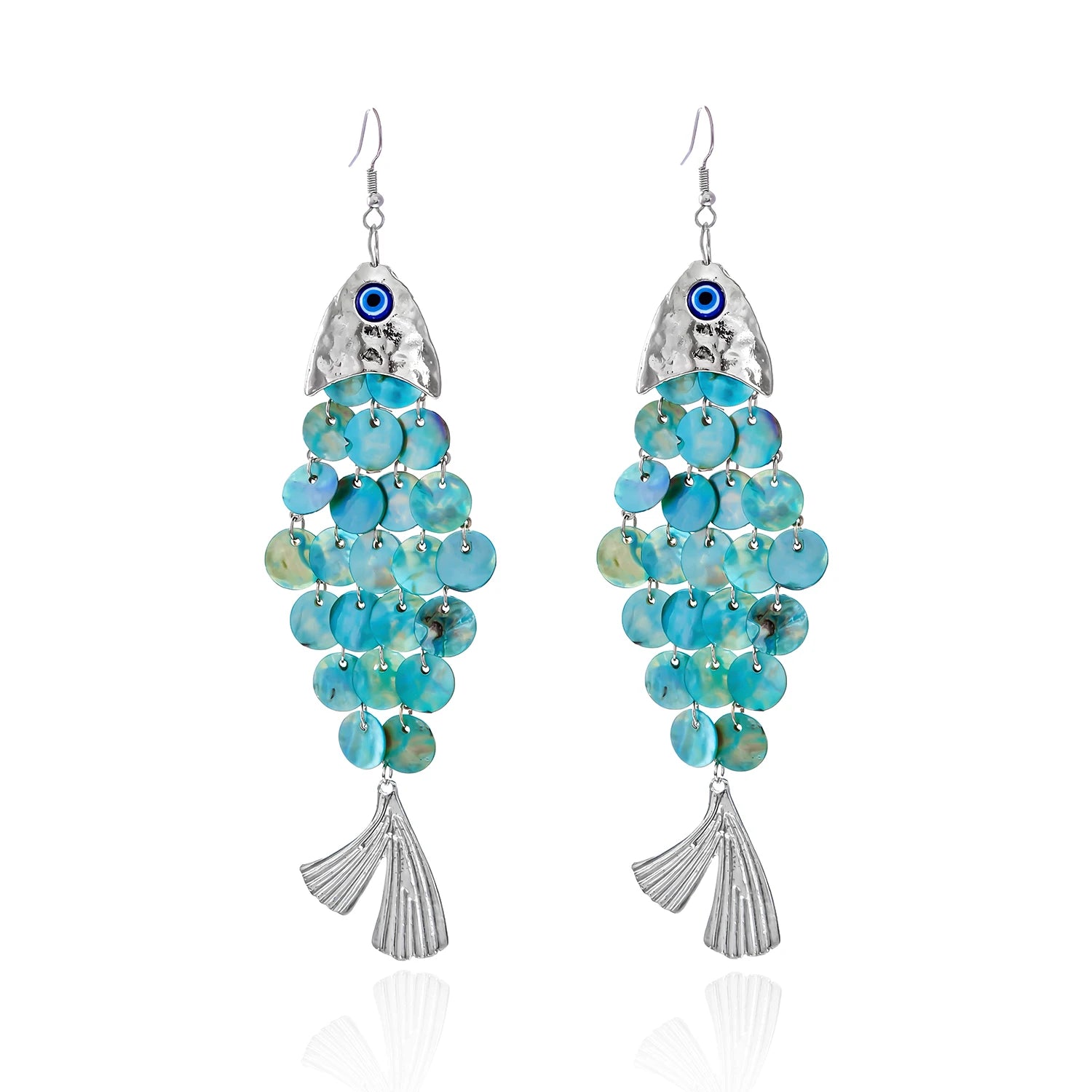 Koi fish earrings with silvery body, blue eye, turquoise disc scales, fan tail charm