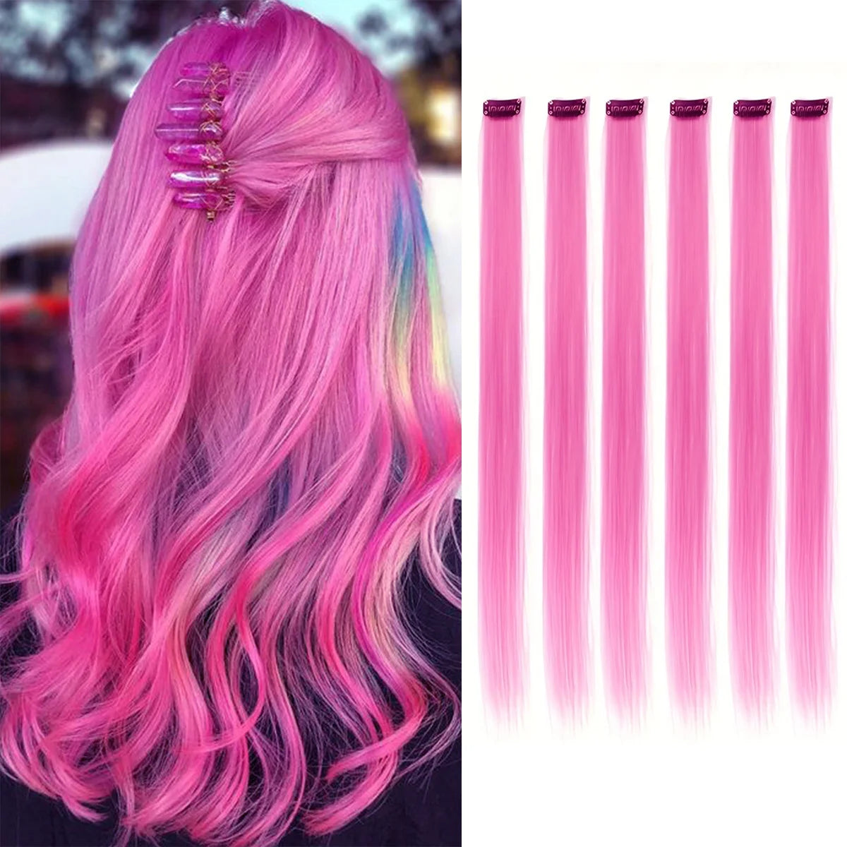 Hot pink and light purple clip-in hair highlight set with six long straight strands