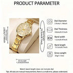Gold-tone quartz watch size diagram with band and dial measurement labels