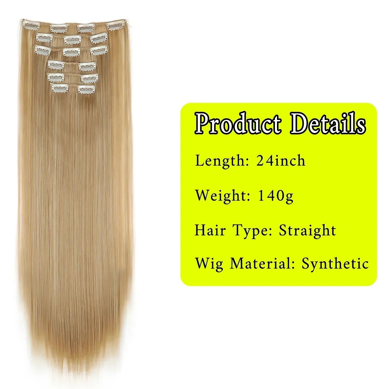 Straight blonde synthetic clip-in hair extension weft with multiple metal attachment clips