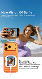 Orange magnetic selfie monitor screen with fold-out selfie screen and phone mount
