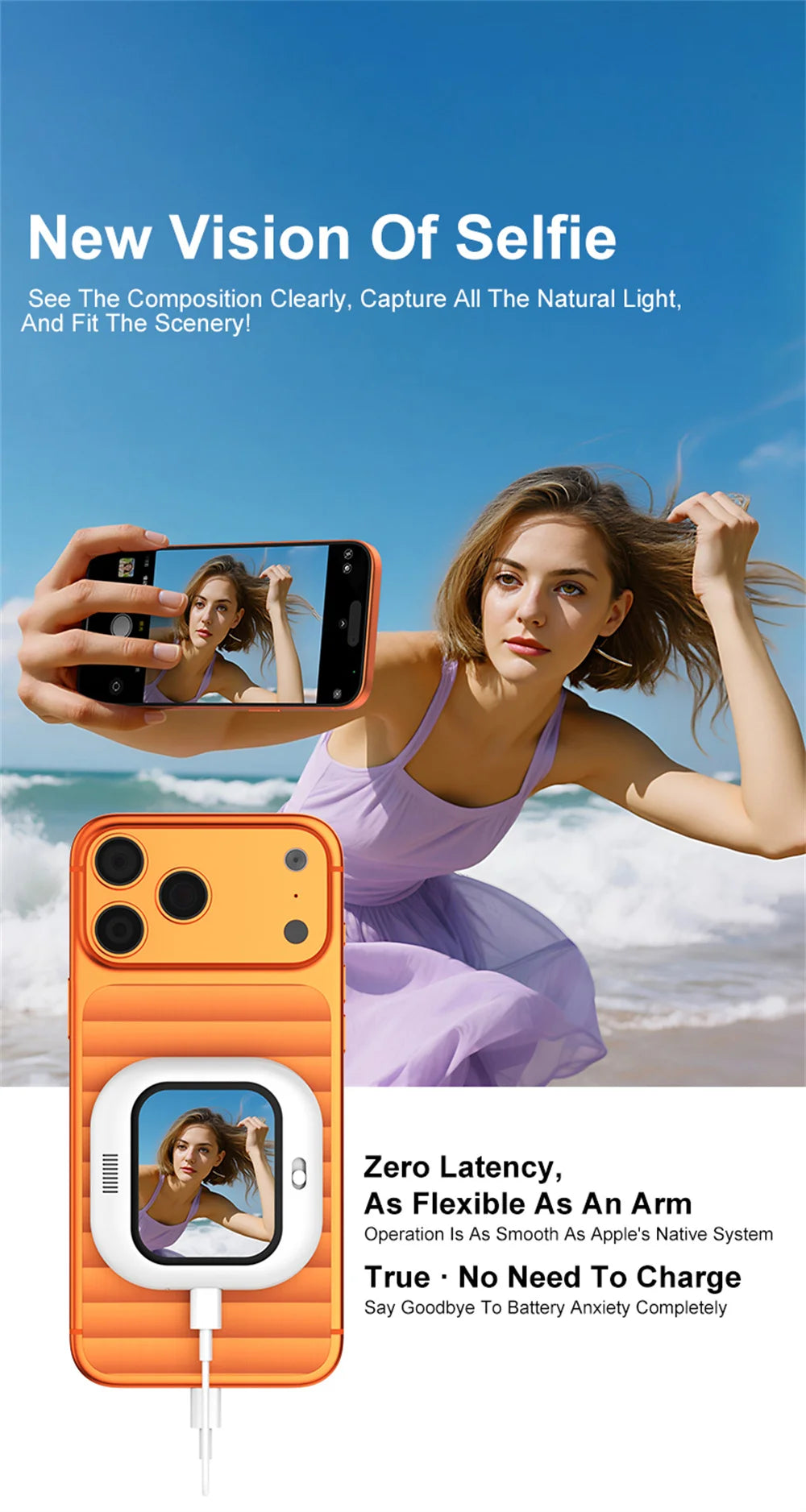 Orange magnetic selfie monitor screen with fold-out selfie screen and phone mount