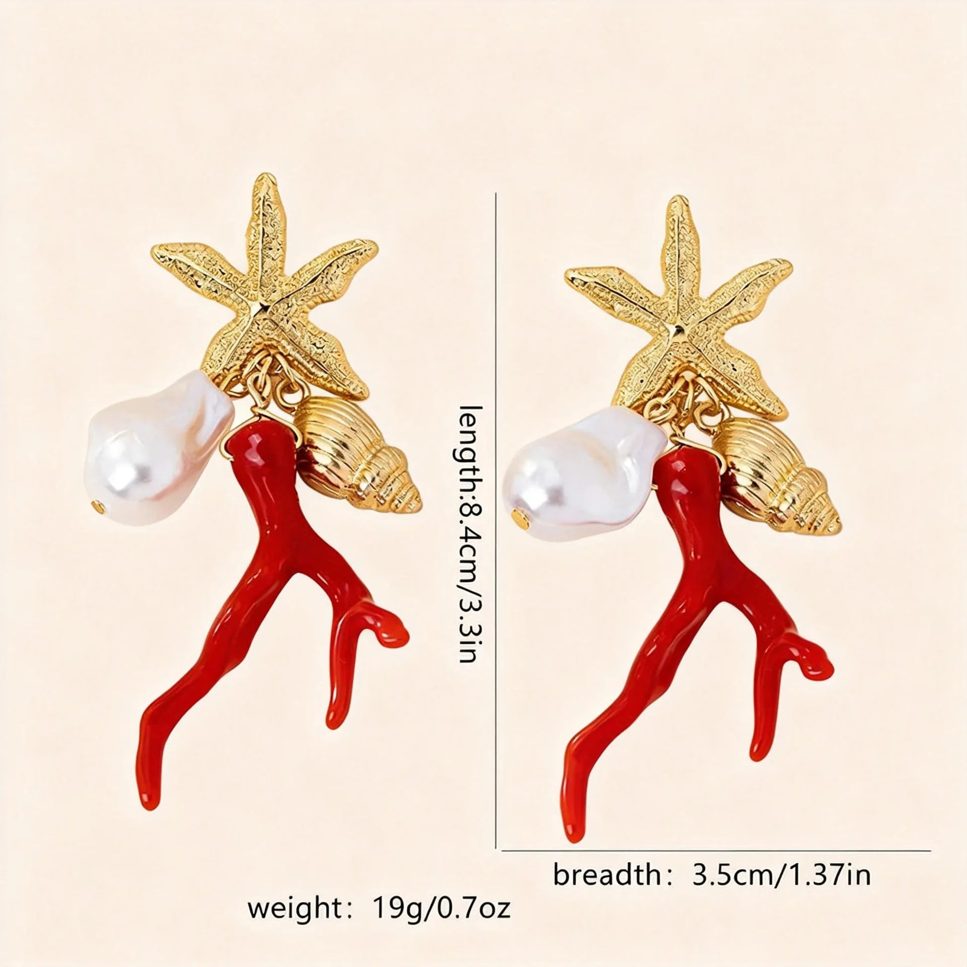 Star-and-figure resin earrings with red dancers and white pearls; size shown