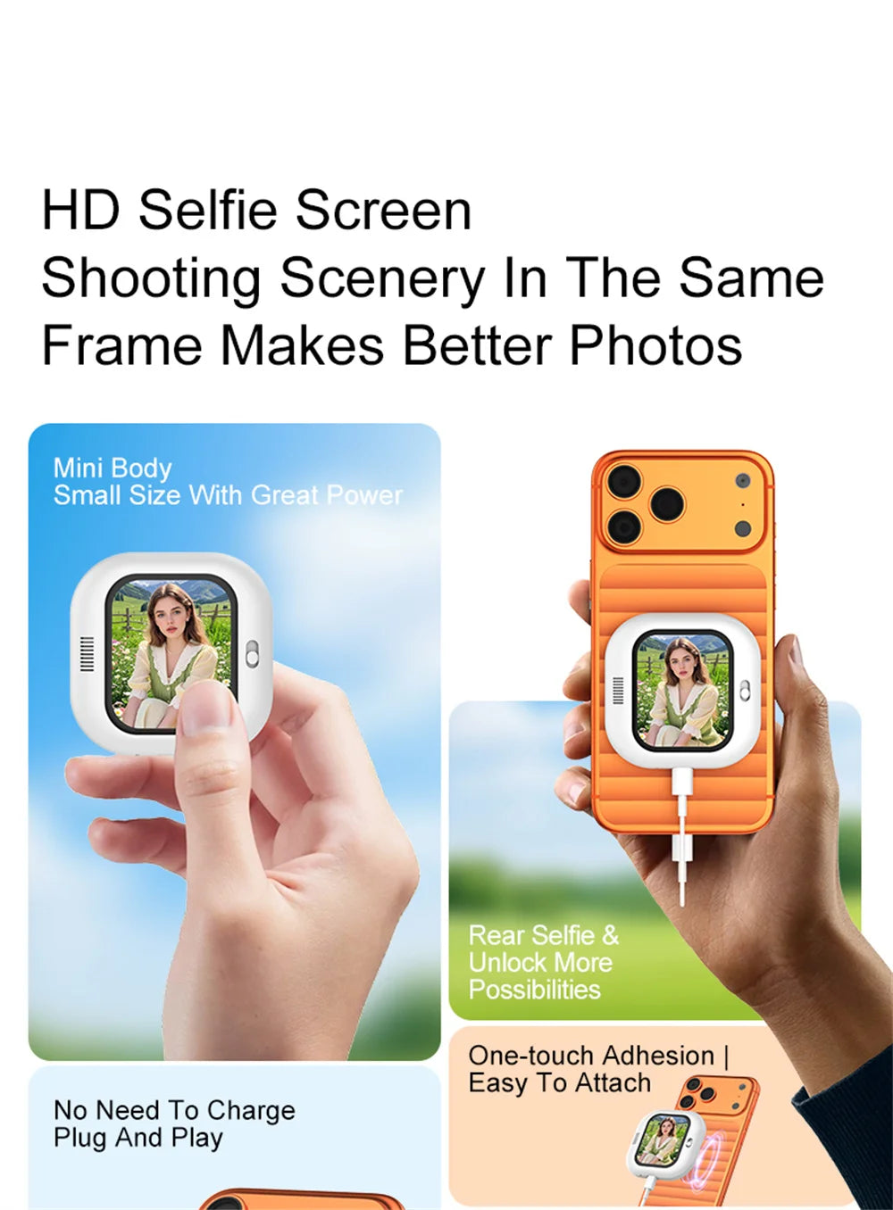 Mini magnetic selfie monitor screen in a hand with connected phone and display frame