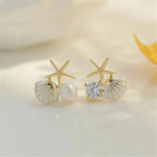 Boucles d'oreilles pendantes bohème à pompons — Étoile de mer et coquillage