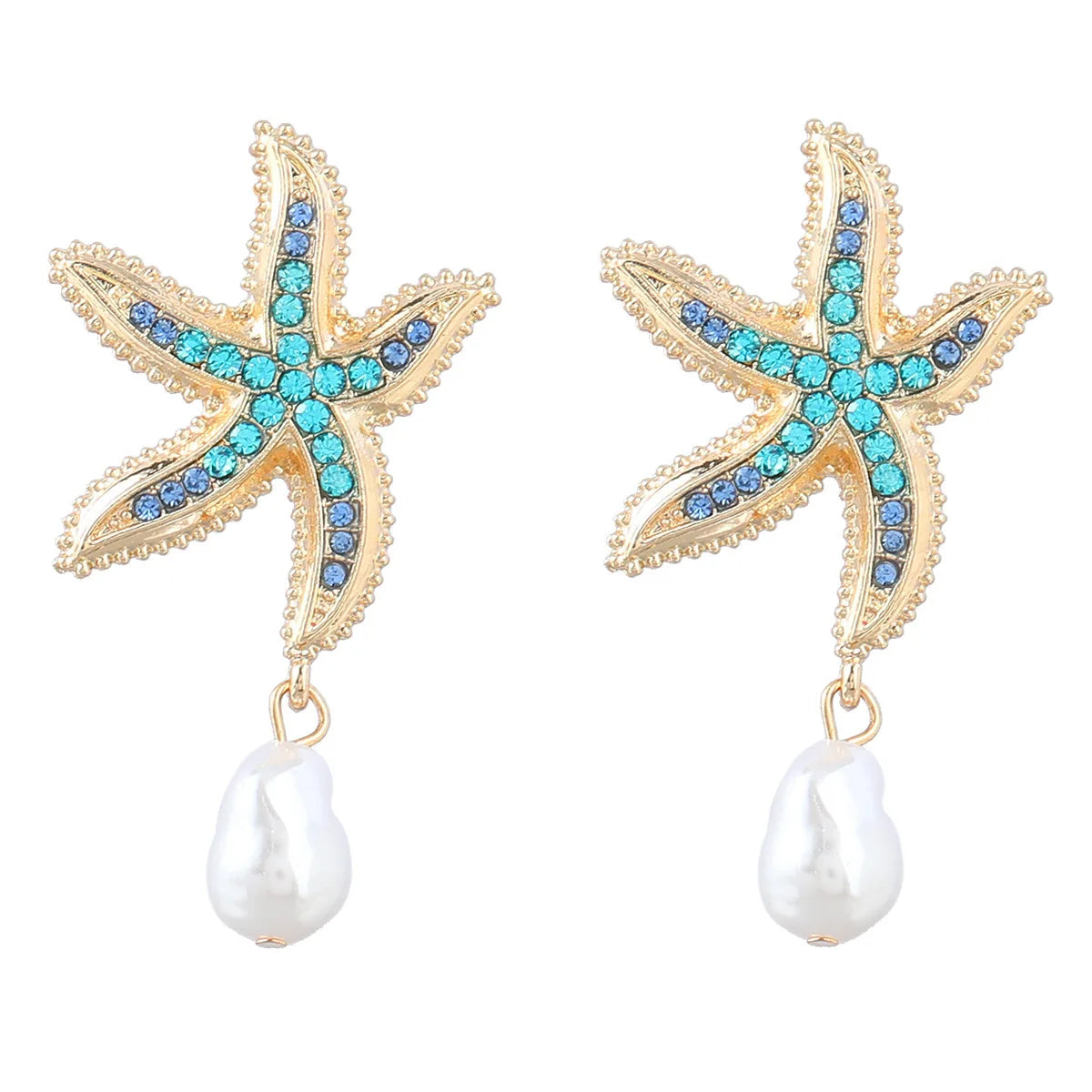Pair of gold-tone starfish earrings with blue and turquoise crystals and white pearl drops
