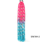 Pink bubble braid ponytail extension fading to light blue, elastic loop at top.