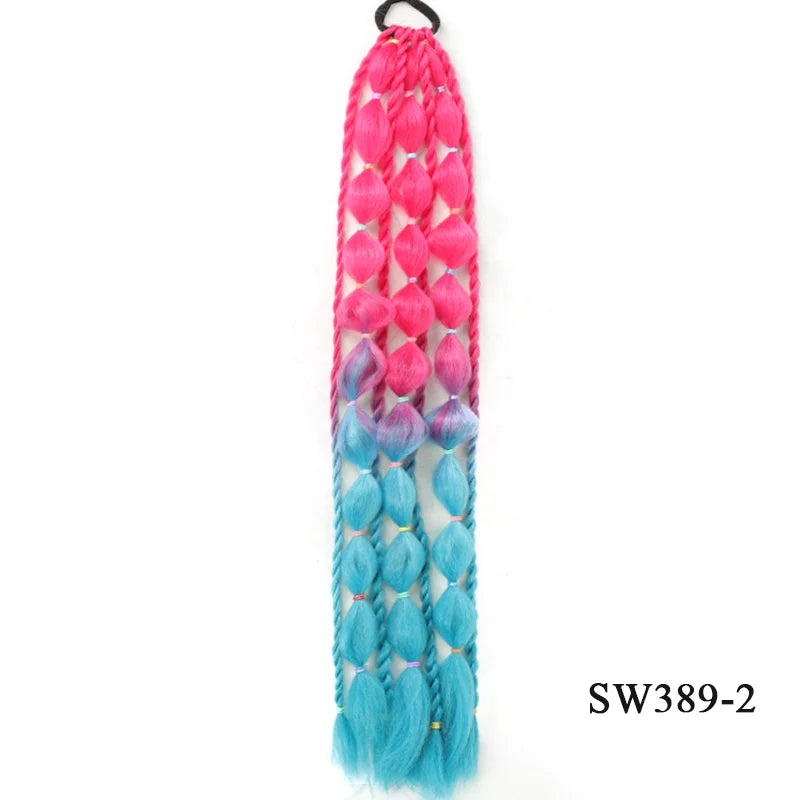 Pink bubble braid ponytail extension fading to light blue, elastic loop at top.