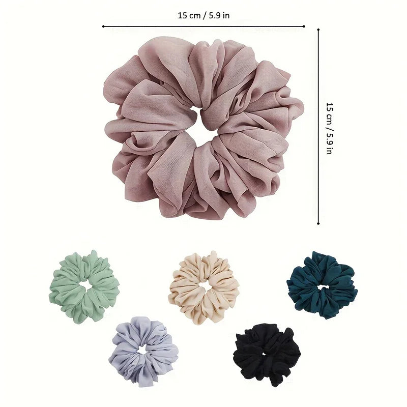 Oversized chiffon scrunchie in mauve, ruffled flower shape with dimensions and colors shown