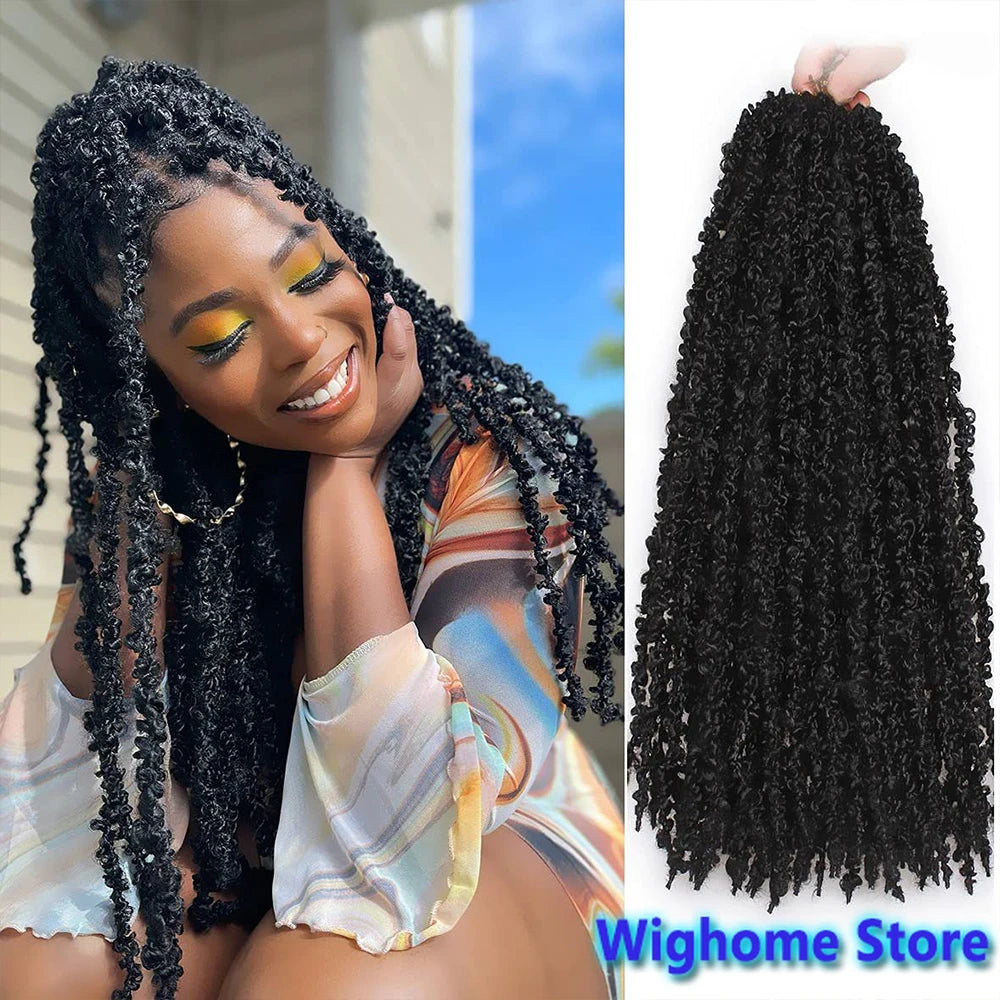 Black butterfly locs crochet hair with long textured curls, smiling model and side view