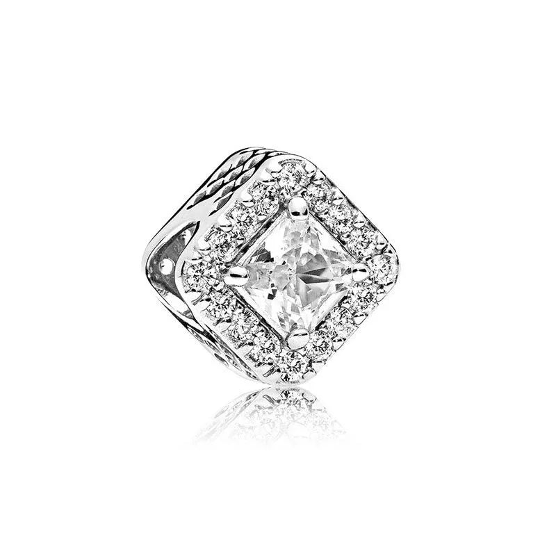 Silver square charm bead with raised round-cut crystal and sparkling halo border