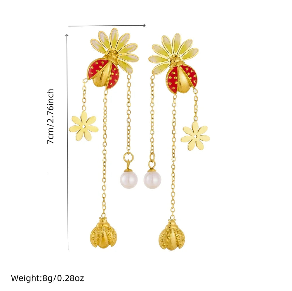 Beetle Flower Pearl Stud Earrings — 316L Stainless Steel