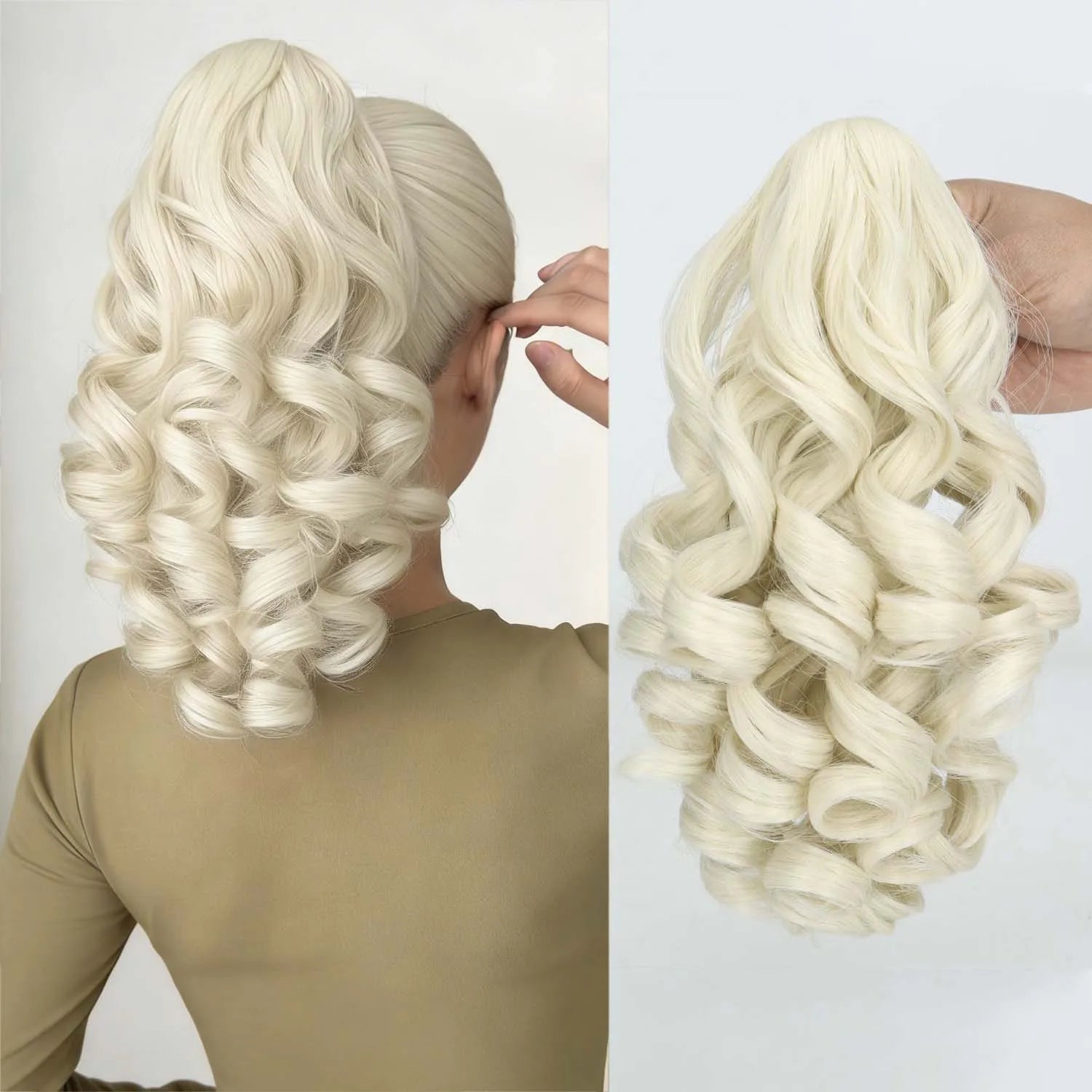 Claw clip ponytail extension with wavy synthetic hair, pale blonde
