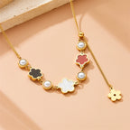 Gold-tone five-petal flower necklace with mixed-color enamel charms and pearl beads