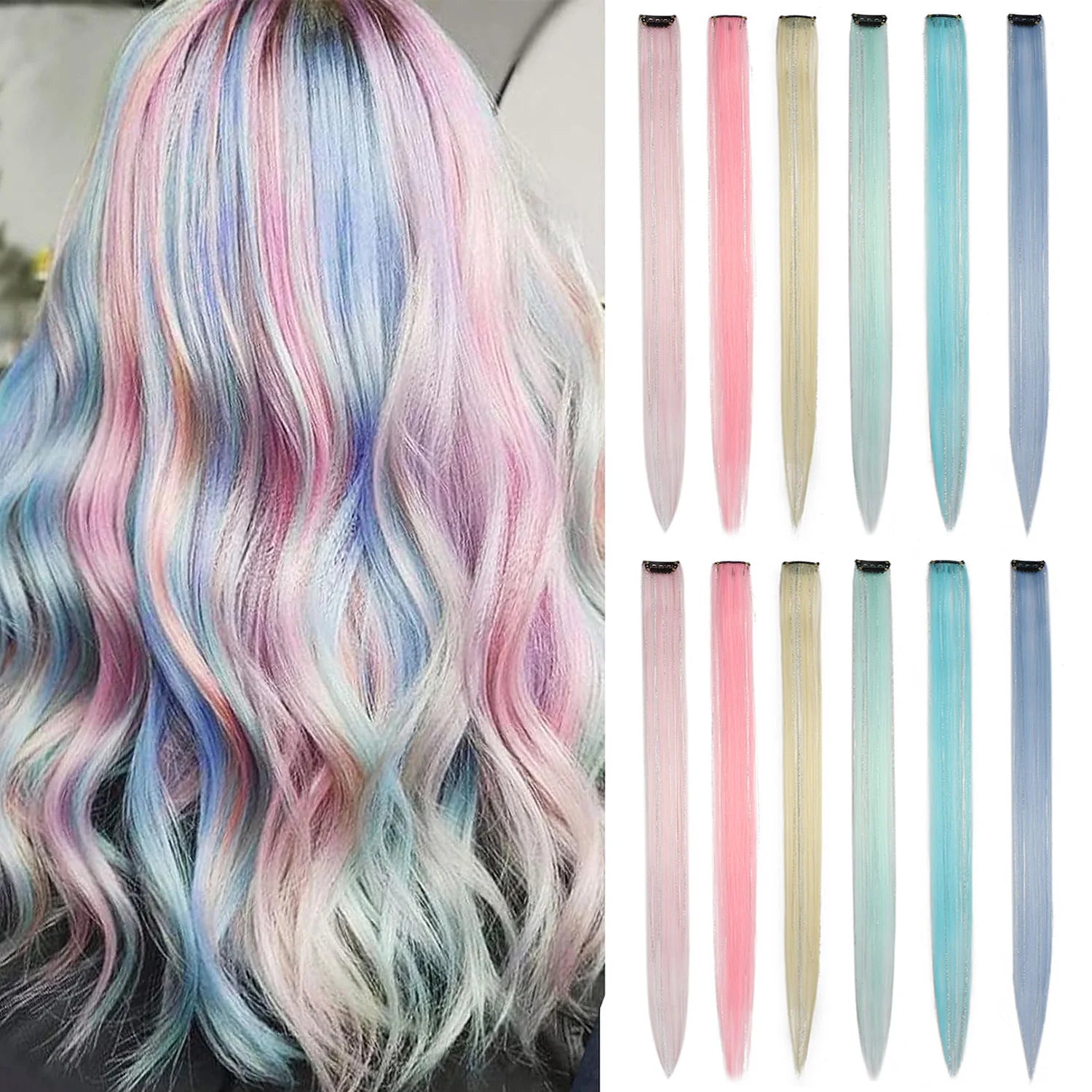 Rainbow clip-in hair tinsel extensions with pale blue, pink, blonde, and light teal strands