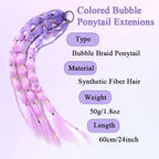 Bubble braid ponytail extension in lilac to pink ombre with gathered elastic loop.