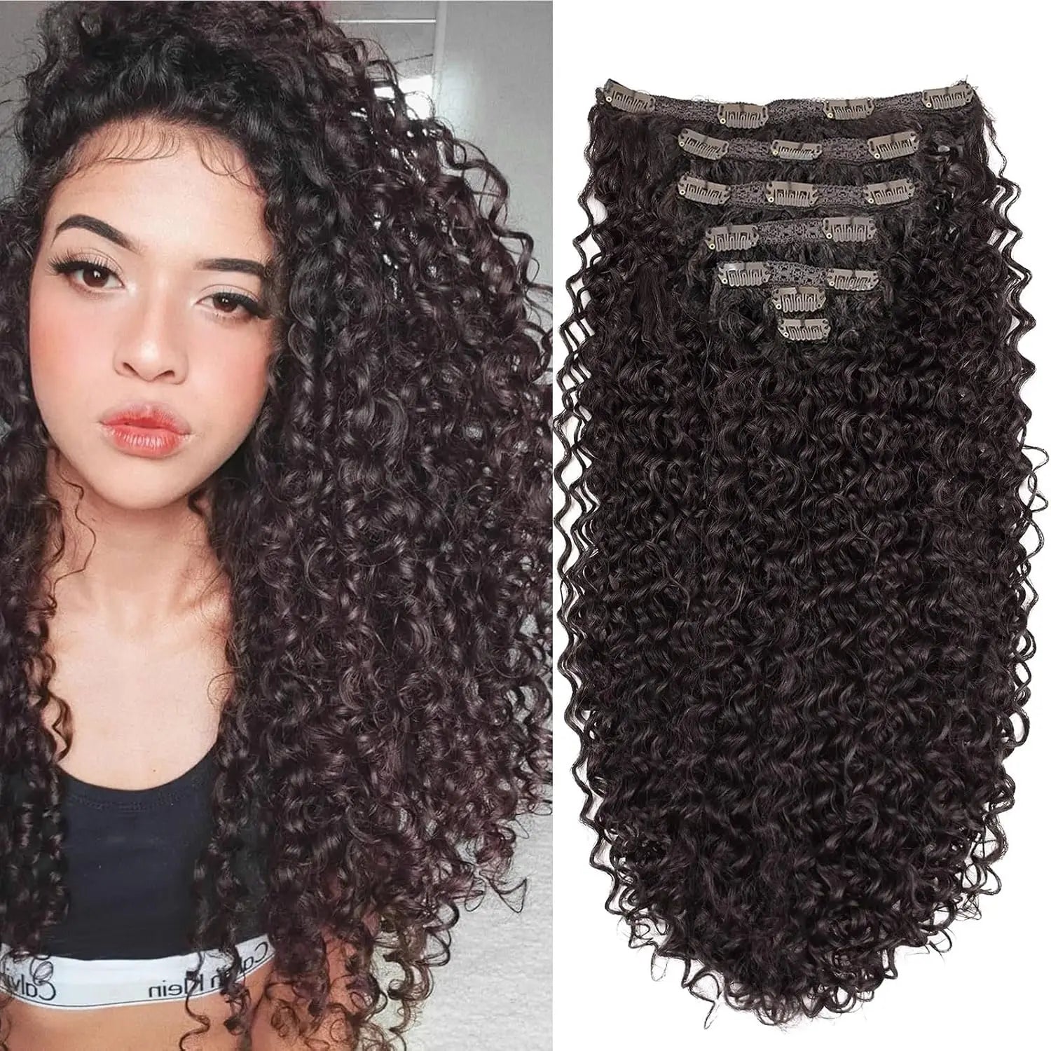 Curly clip-in hair extension weft with dark ringlet curls and several stitched clip tabs