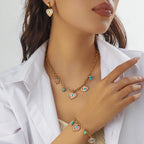 Gold-tone evil eye heart necklace with turquoise charms and matching drop earrings