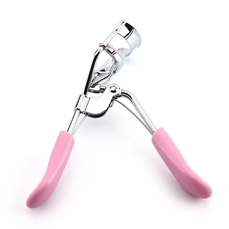 Eyelash curler tool with pink silicone handles and chrome curler frame
