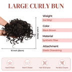 Large curly bun hair piece with elastic drawstring, dark curly texture