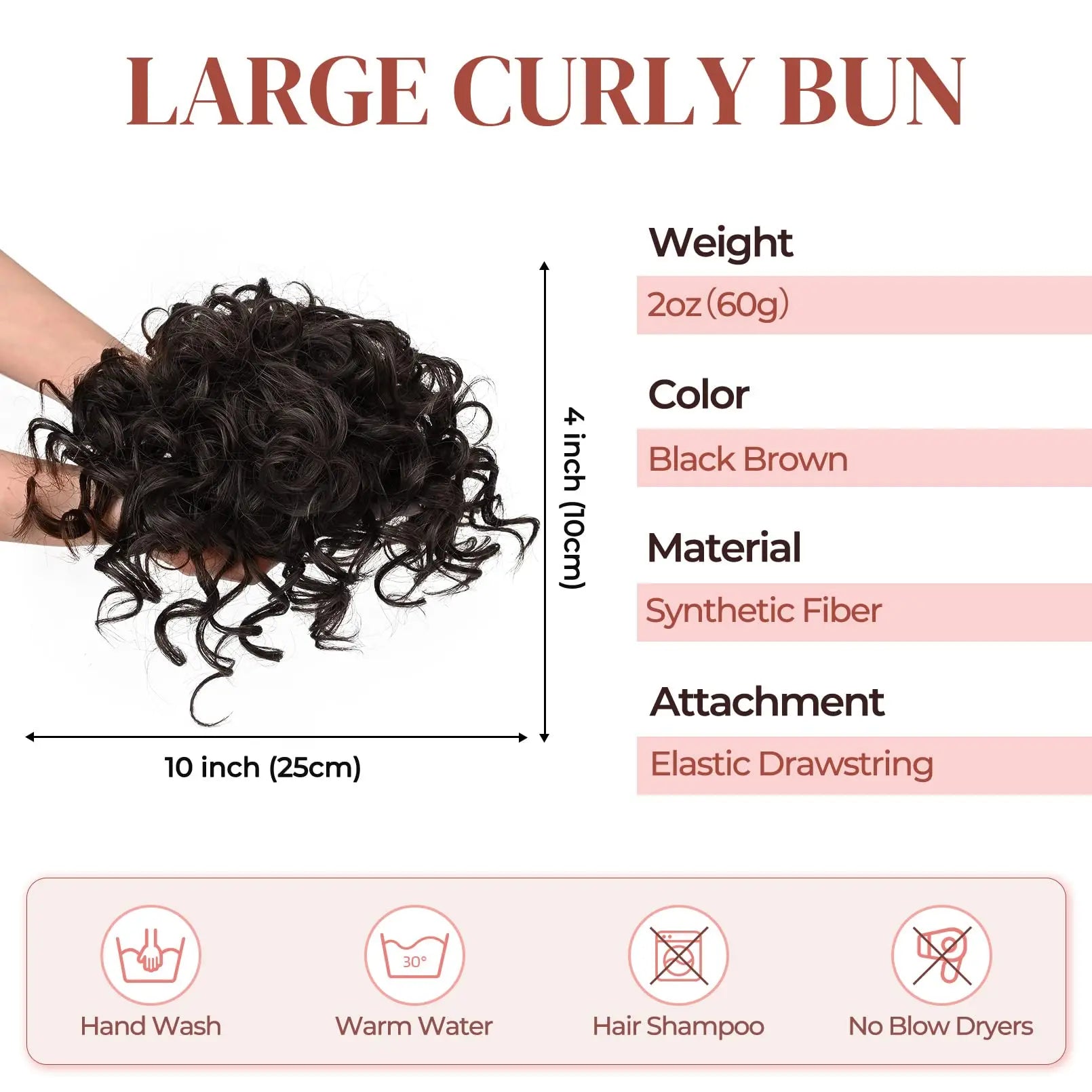 Large curly bun hair piece with elastic drawstring, dark curly texture