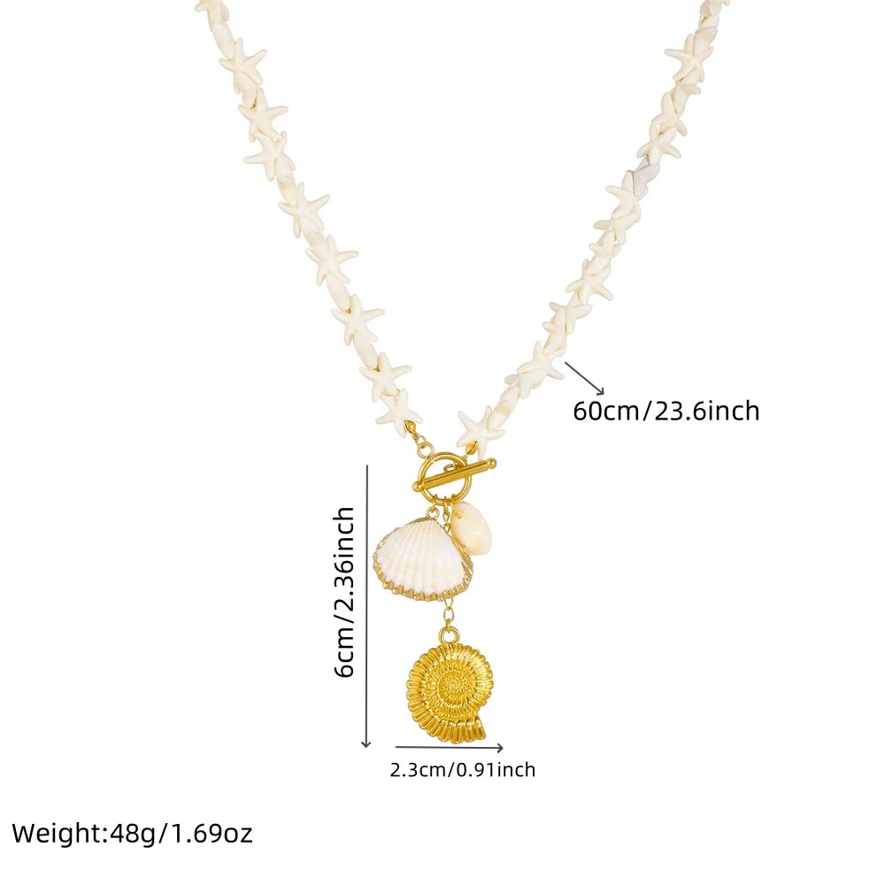 Shell pendant necklace, 60cm length; gold-tone conch charm with white shell bead
