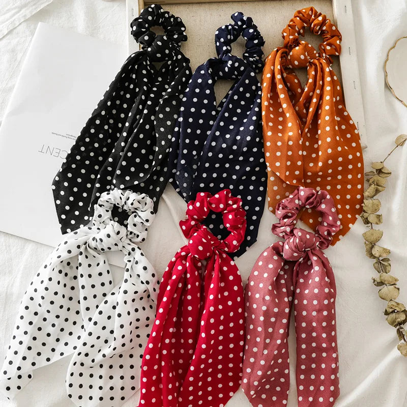 Polka-dot chiffon scrunchie scarf set: black, navy, orange, red, pink