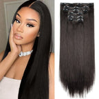 Black straight clip-in hair extension weft with metal clips, long length