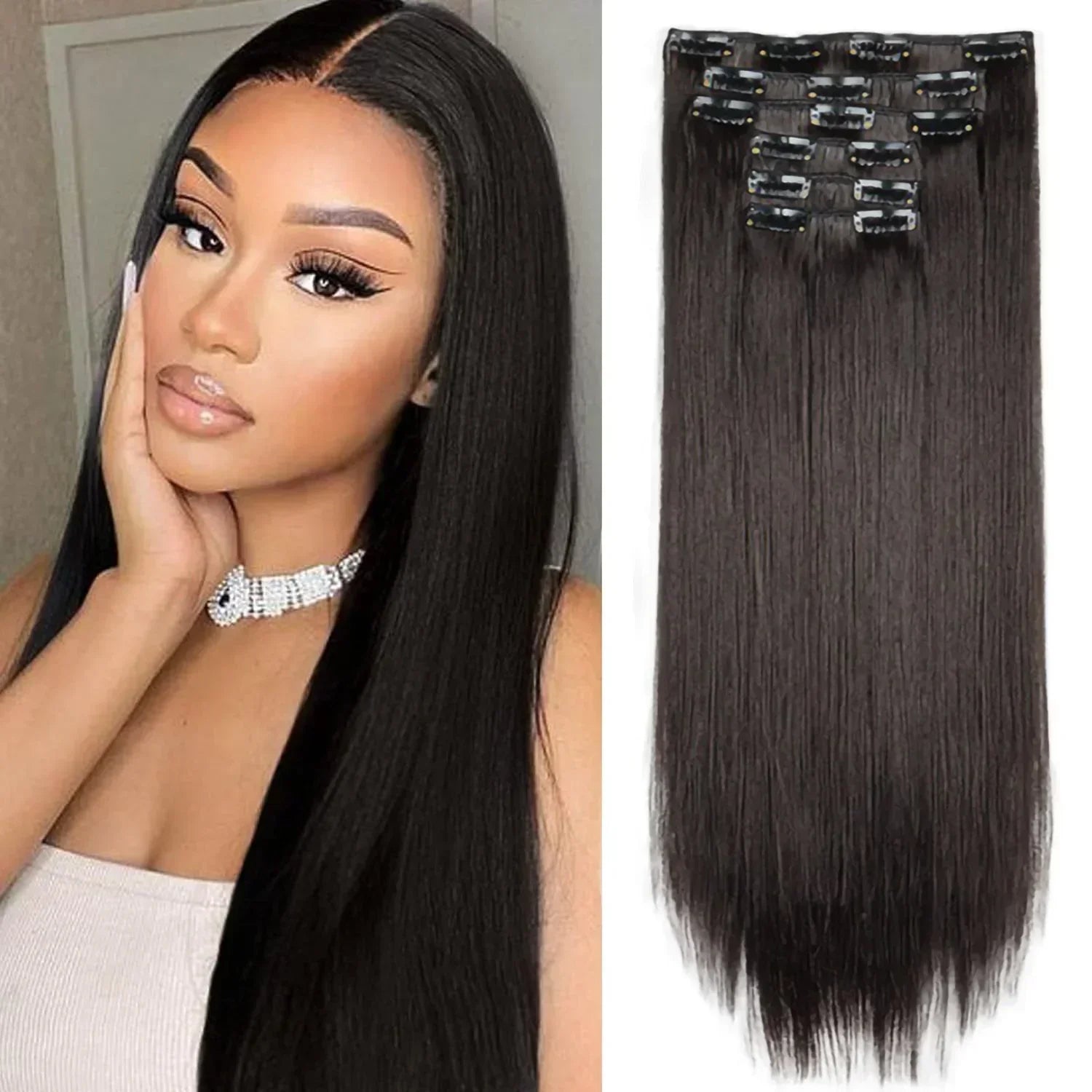 Black straight clip-in hair extension weft with metal clips, long length