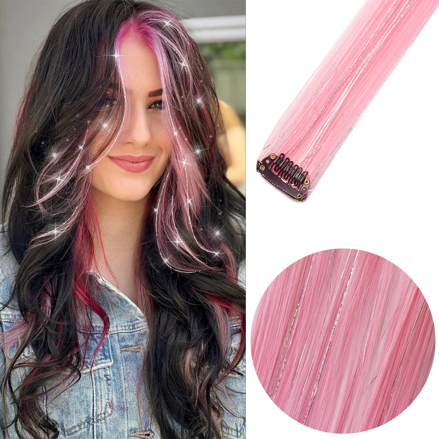 Clip-in synthetic hair highlights with pink and magenta strands and comb clips