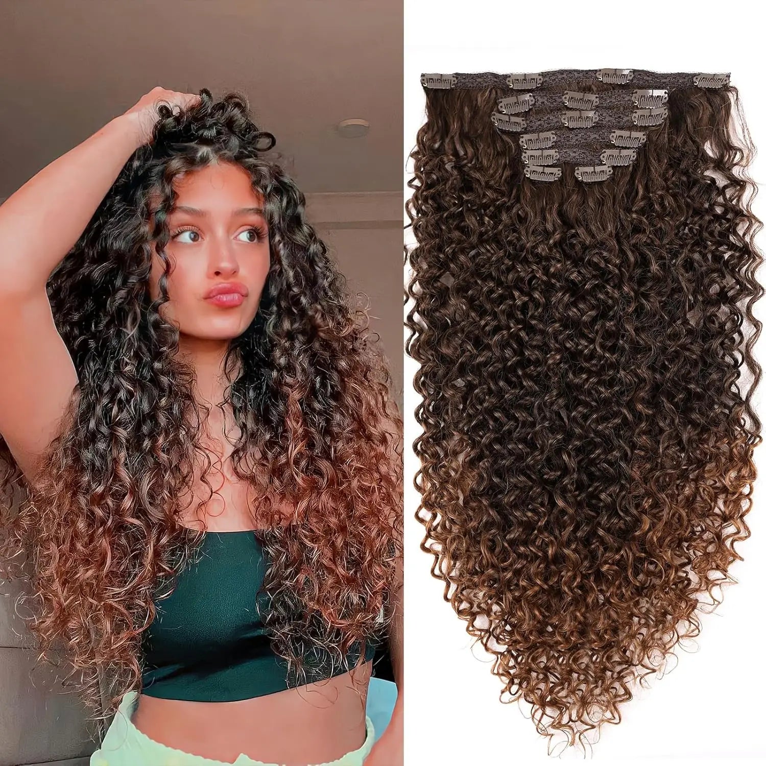 Curly clip-in hair extension weft with dark brown ringlet curls and lighter ends, clip tabs