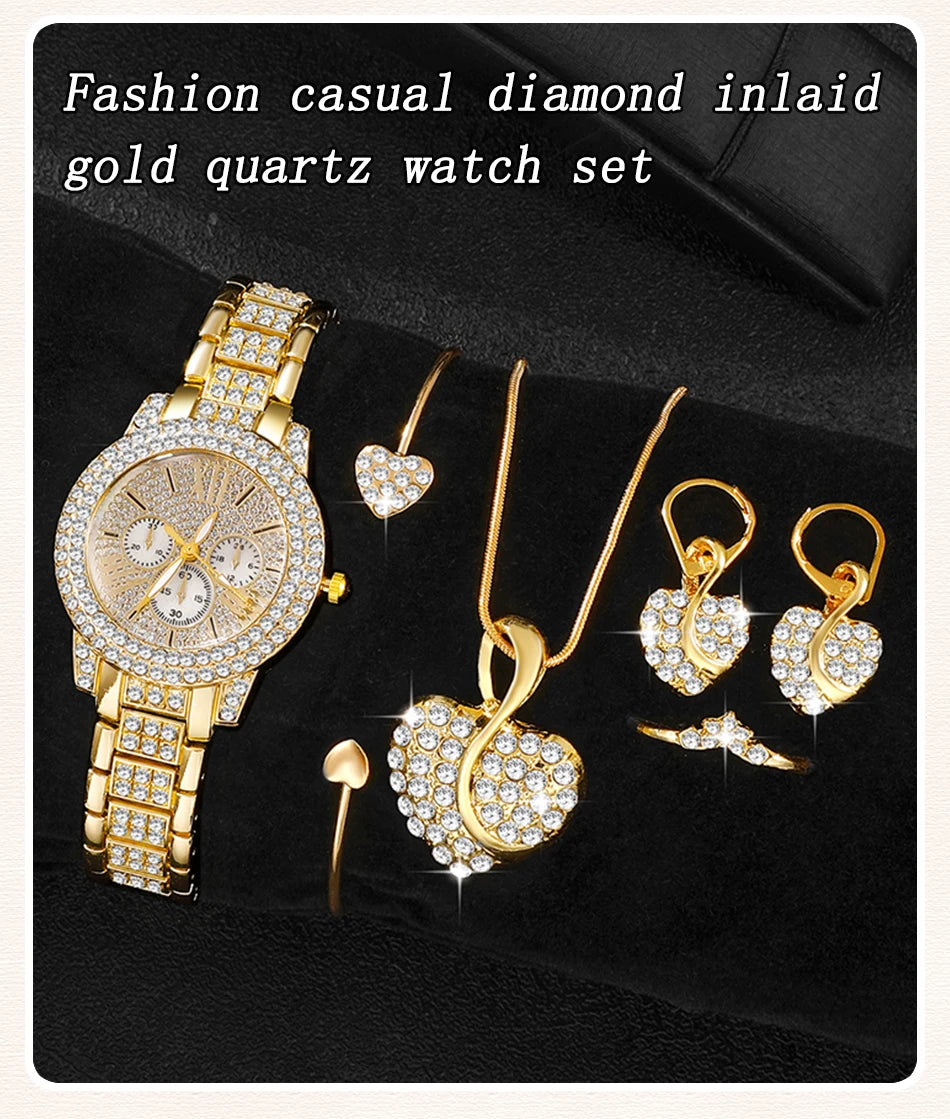 Gold watch set with rhinestone details; heart pendant necklace, earrings, and rings