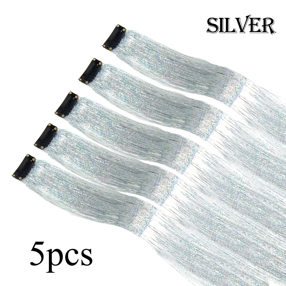 Glitter hair tinsel set, silver, 5 pieces with clip-on strands