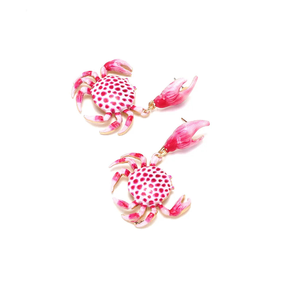 Crab enamel drop earrings with red-and-white dotted crabs, pink claws, and gold hooks