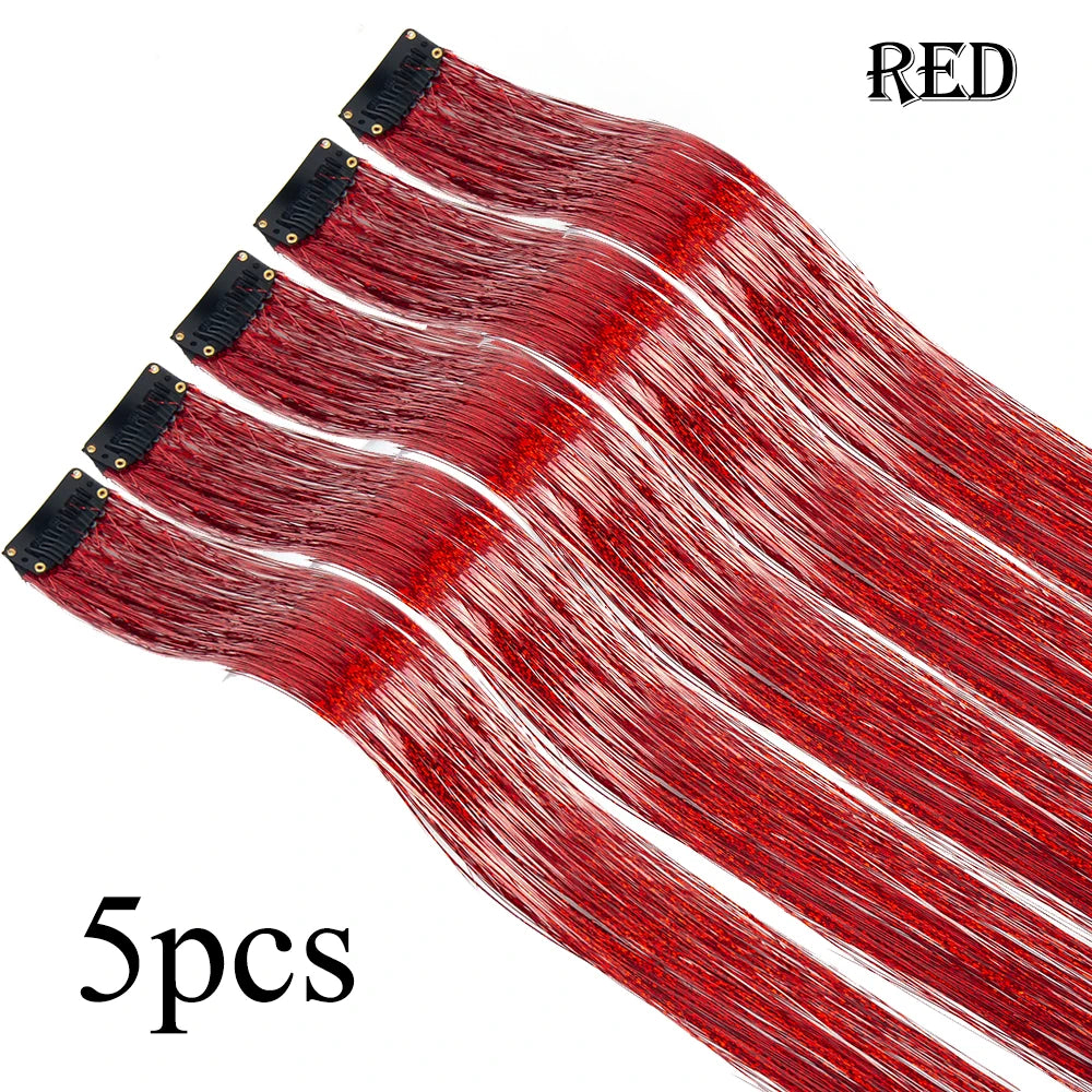 Glitter hair tinsel set, red, 5 pieces with clip-on strands