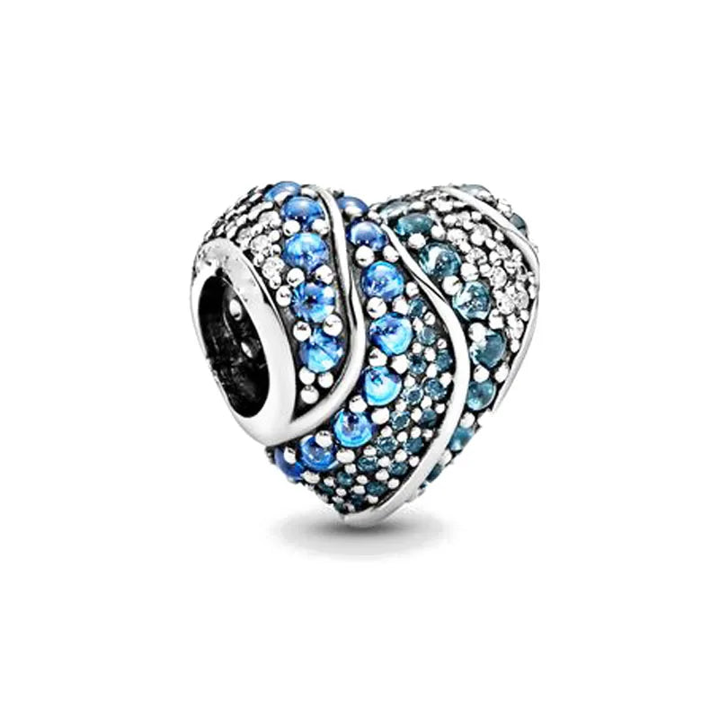Sterling silver heart-shaped charm bead with blue enamel and clear rhinestones