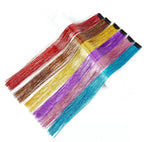 Hair tinsel extension set with five clip-on strands in red, brown, yellow, purple, and blue