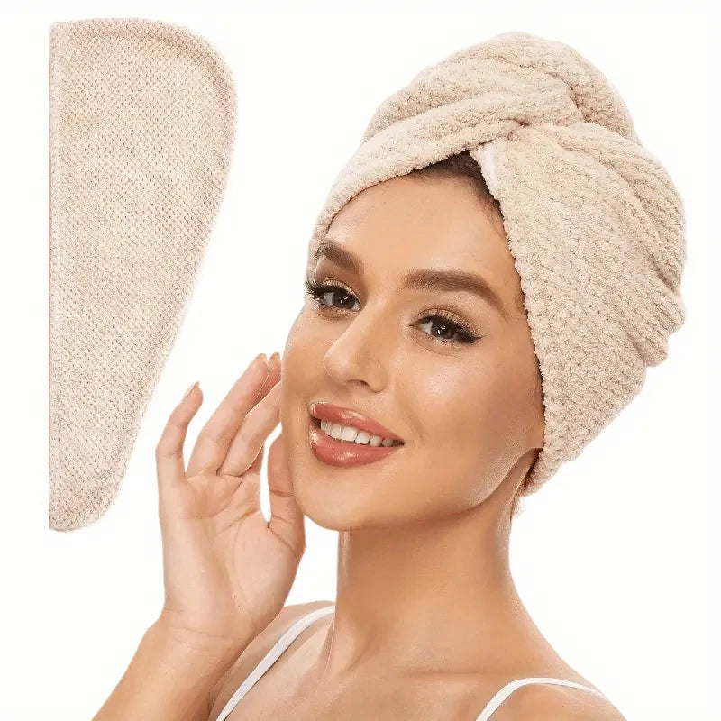 Beige absorbent hair towel wrap on head with rolled turban style and plush texture