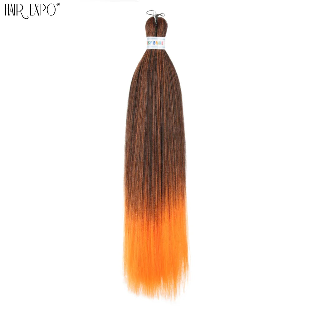 Synthetic hair extension bundle with brown roots and orange ombré braiding strands