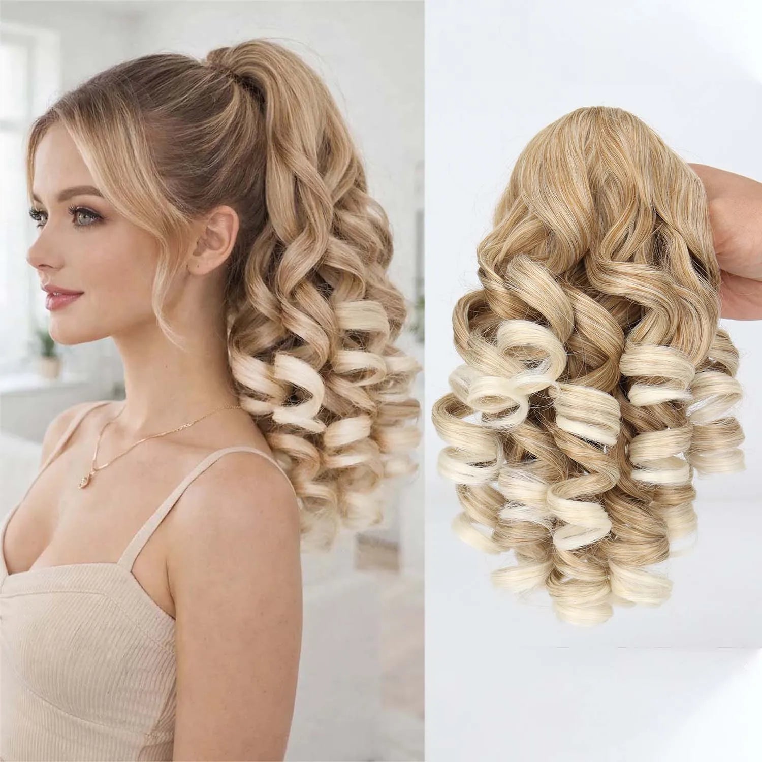 Claw clip ponytail extension with wavy synthetic hair, warm blonde