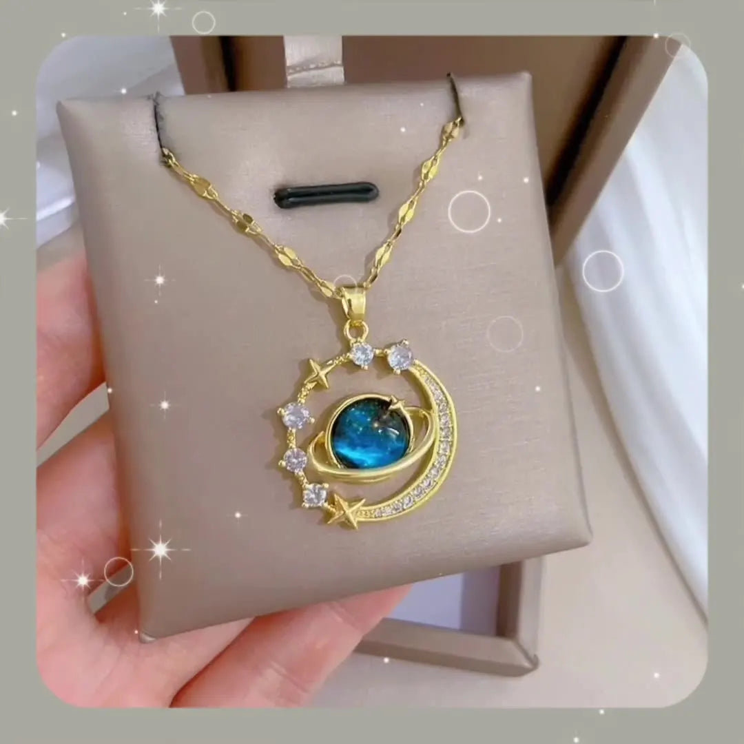 Blue Starry Planet Zircon Pendant Necklace — 316L Stainless Steel