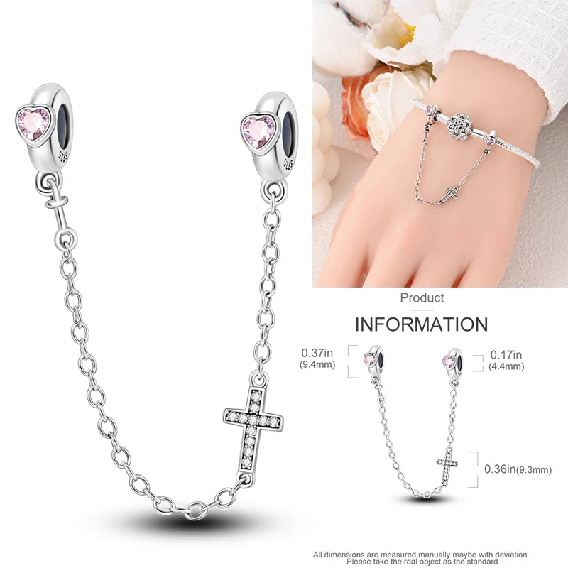 925 sterling silver charm bead with pink heart gemstone and dangling cross